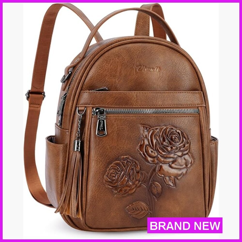 Mini Backpack Purse Vegan Leather Floral Design Travel Daypack Adjustable Straps